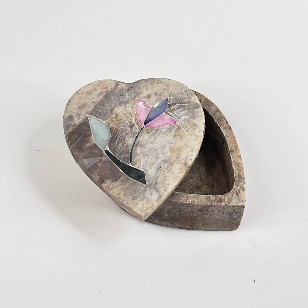 Marble Heart Shaped Mother Of Pearl Inlay TRINKET Ring Jewelry BOX 3" Soapstone